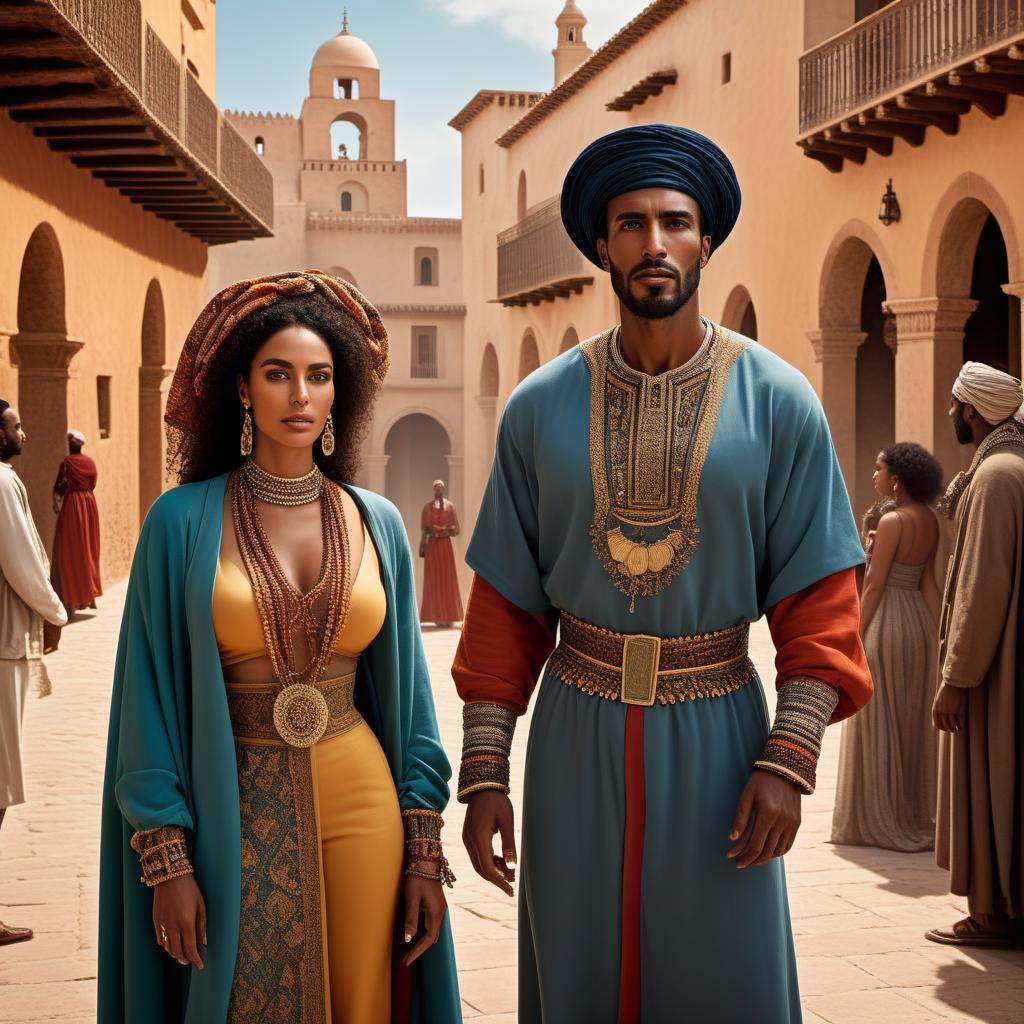  A historical depiction of the Moors occupying Spain for nearly 700 years, illustrating the cultural and genetic blending. Show diverse interactions including intermarriage between Moors and the local Iberian population. Highlight the influence of Moorish architecture alongside Spanish styles. Depict a Moorish individual and an Iberian individual marrying, symbolizing the genetic and cultural mingling. Additionally, incorporate a modern genetic study illustration demonstrating the blend of North African and Iberian ancestry. Include contemporary Spanish people from southern Spain, particularly Andalusia, showcasing their mixed heritage with a variety of physical traits. hyperrealistic, full body, detailed clothing, highly detailed, cinematic lighting, stunningly beautiful, intricate, sharp focus, f/1. 8, 85mm, (centered image composition), (professionally color graded), ((bright soft diffused light)), volumetric fog, trending on instagram, trending on tumblr, HDR 4K, 8K