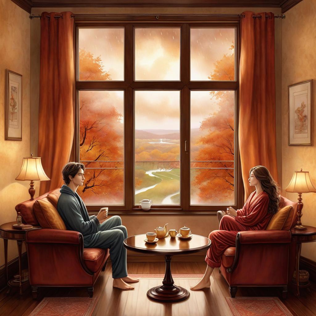  digital illustration, ink and watercolor on parchment, with fine shading of the edges, depicting an two lovers, a man and a woman dressed in pajamas in a warm room and looking out the window, sitting on a sofa at a table and drinking hot tea, looking out the panoramic window, a monotonous autumn rain is falling outside the window, soft diffused lighting in warm tones envelops her, enhancing the mystical aura around her slender form.