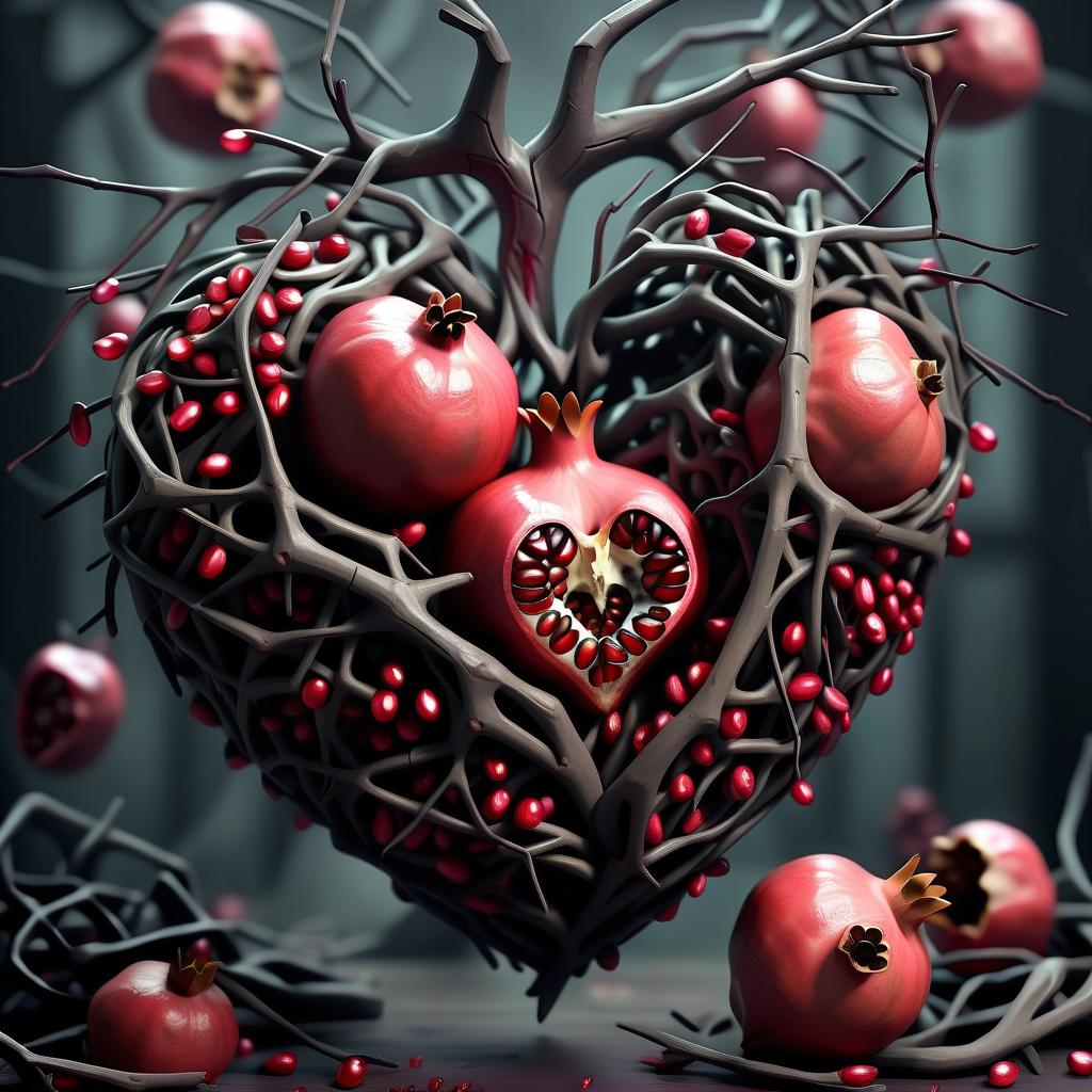  horror themed heart of twigs and pomegranate grains . eerie, unsettling, dark, spooky, suspenseful, grim, highly detailed