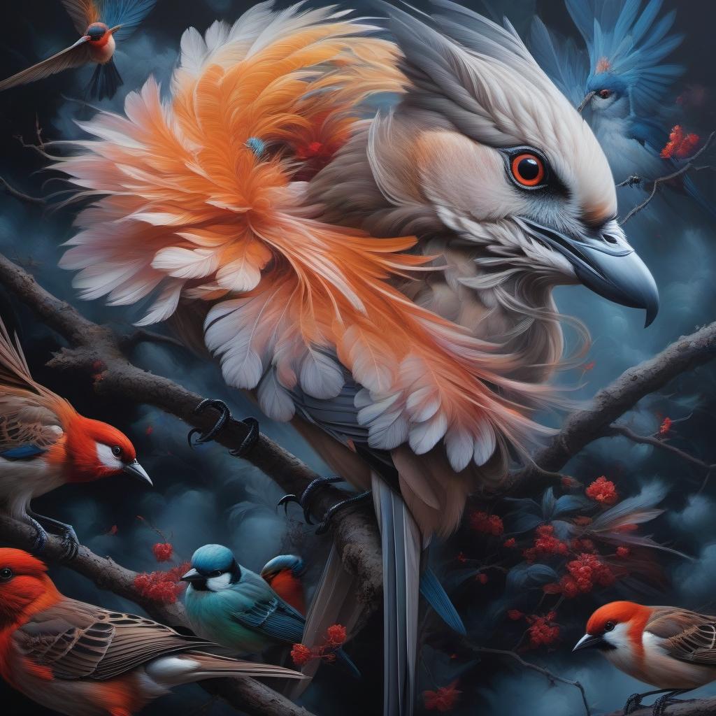  Beautiful birds, abstract oil painting with philosophical overtones "the passage of time" hyperrealistic, full body, detailed clothing, highly detailed, cinematic lighting, stunningly beautiful, intricate, sharp focus, f/1. 8, 85mm, (centered image composition), (professionally color graded), ((bright soft diffused light)), volumetric fog, trending on instagram, trending on tumblr, HDR 4K, 8K