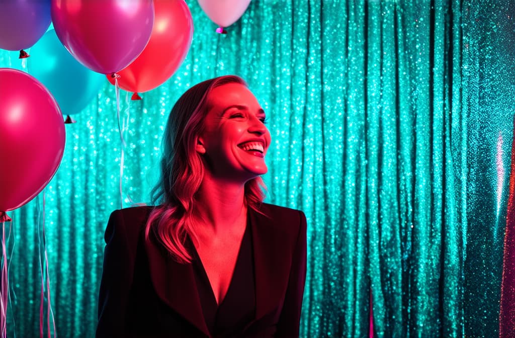  professional detailed photography, generative ai illustration of a happy woman in elegant clothes smiling and looking at balloons during a nerd party 3:2 ar 3:2, (muted colors, dim colors, soothing tones), (vsco:0.3)