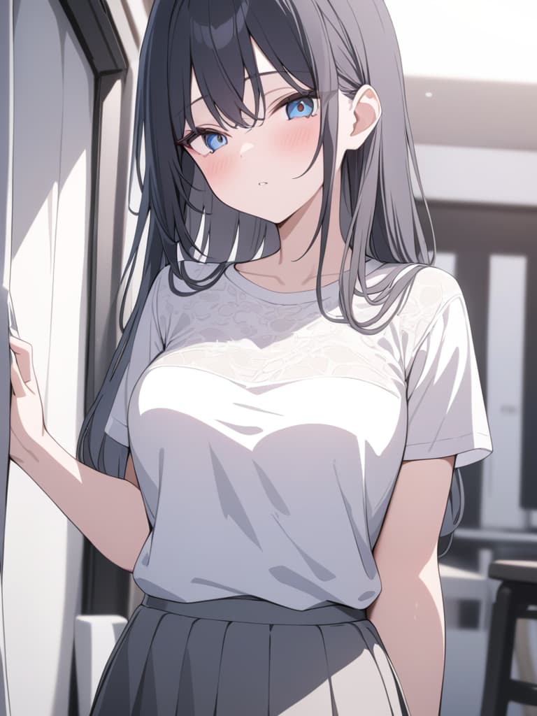  bobhair, black hair, blue eyes, white cutter shirt, red ribbon, gray skirt, masterpiece, best quality,8k,ultra detailed,high resolution,an extremely delicate and beautiful,hyper detail