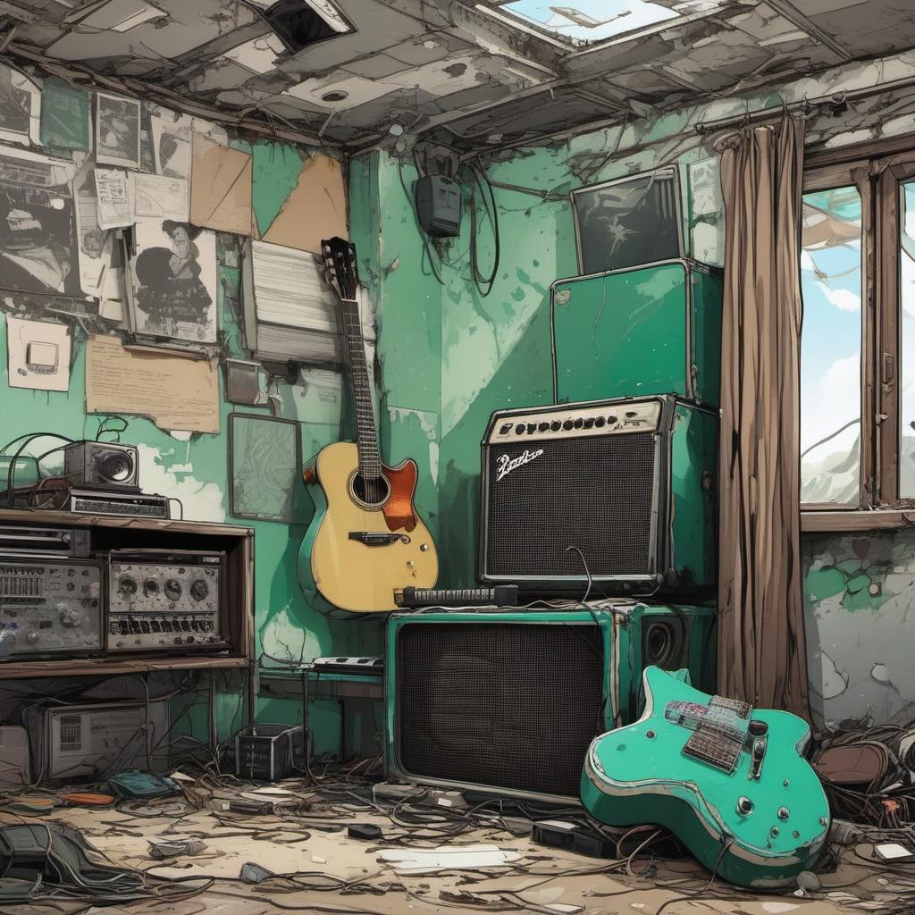  une chambre abandonnée en ruine avec une guitare électrique et un amplificateur de guitare vert , comic style, manga and manhwa style, painting style