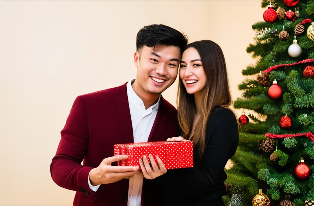  professional detailed photography, couple smile shaking christmas present, happy young husband wife gift ar 3:2, (muted colors, dim colors, soothing tones), (vsco:0.3)