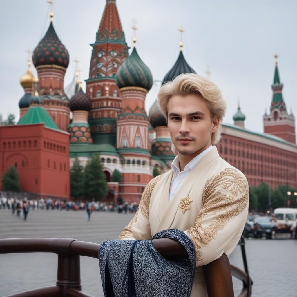  A blond Russian guy in traditional clothes in the center of Moscow