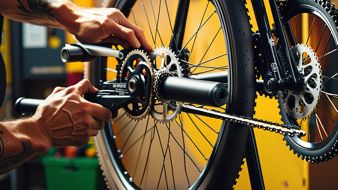  a close up of a bicycle being serviced, highlighting a mechanic checking the chain, adjusting brakes, inspecting tires, and lubricating gears, surrounded by tools like wrenches, lubricants, and tire levers on a workbench. hyperrealistic, full body, detailed clothing, highly detailed, cinematic lighting, stunningly beautiful, intricate, sharp focus, f/1. 8, 85mm, (centered image composition), (professionally color graded), ((bright soft diffused light)), volumetric fog, trending on instagram, trending on tumblr, HDR 4K, 8K