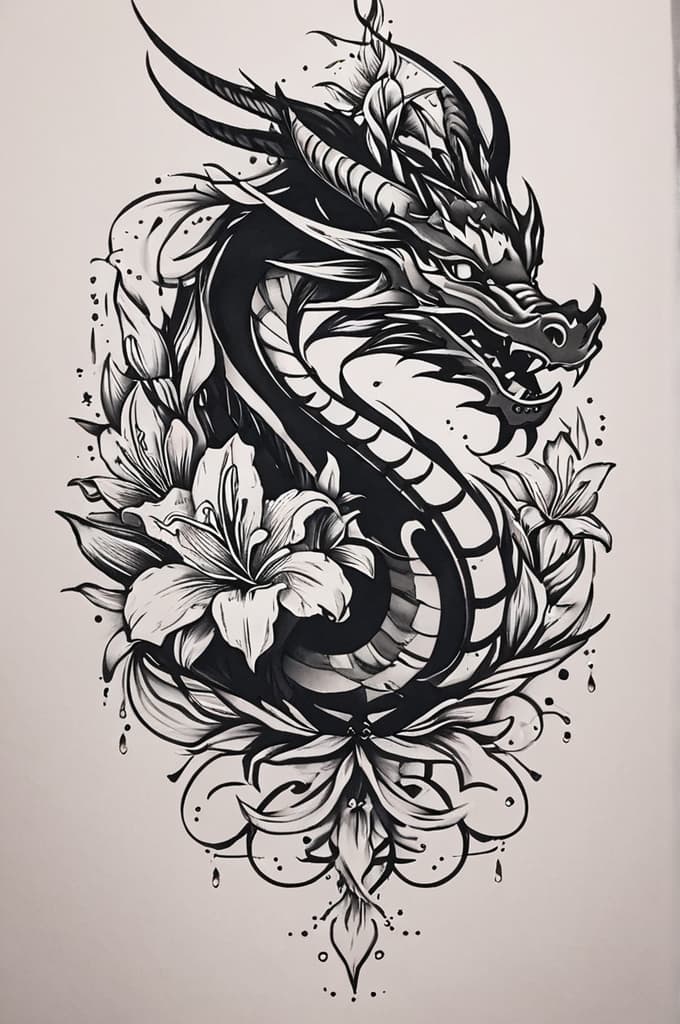  dragon, lilies, (tattoo sketch:1.25), drawing