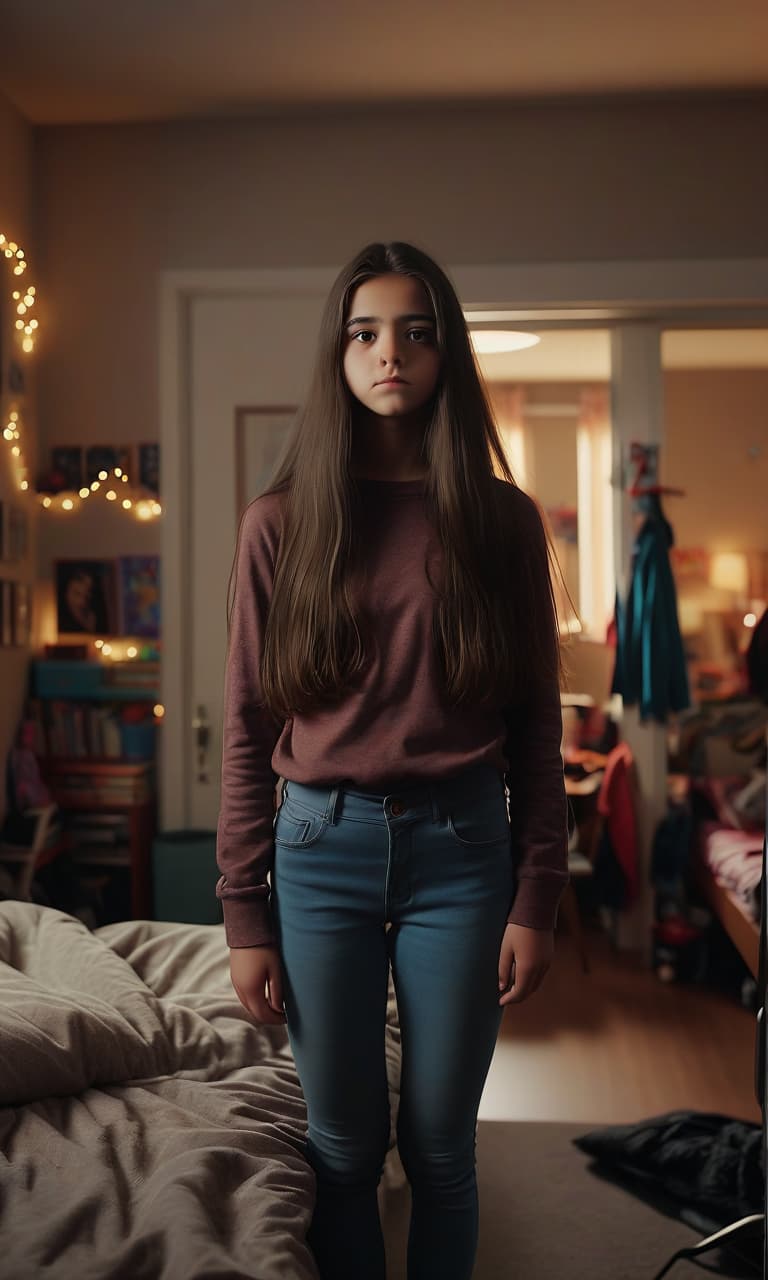  cinematic photo , 18 2, student, standing, full length, brown eyes, long hair, dark hair, big s, big , , , 's room . 35mm photograph, film, bokeh, professional, 4k, highly detailed