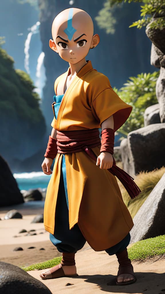  an anime image of aang from "avatar: the last airbender" shifting the tides of war instantly. hyperrealistic, full body, detailed clothing, highly detailed, cinematic lighting, stunningly beautiful, intricate, sharp focus, f/1. 8, 85mm, (centered image composition), (professionally color graded), ((bright soft diffused light)), volumetric fog, trending on instagram, trending on tumblr, HDR 4K, 8K