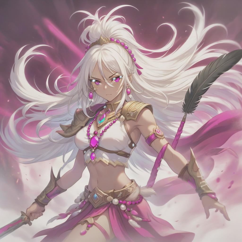  long exposure photo of portrait of strong rage amazonas warrior, long white hair, tilting head down, magenta mantle, shoulder pad feather, accessory necklace with pearls on the forehead . blurred motion, streaks of light, surreal, dreamy, ghosting effect, highly detailed, sticker, hkmagic