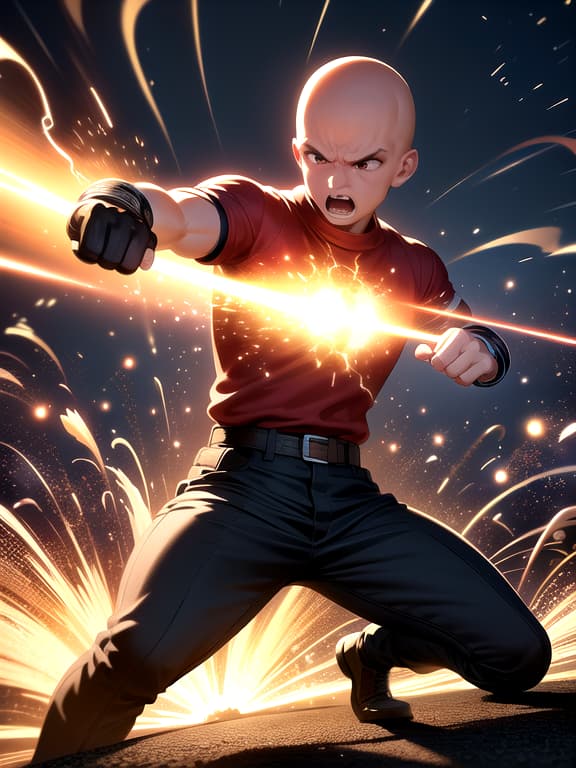  master piece, best quality, ultra detailed, highres, 4k.8k, a bald figure, throwing a punch, determined, break a superheroic encounter, urban street, street lamp, fire hydrant, trash can, car, break dynamic and energetic, motion lines, impact sound effects, vibrant colors, magic particles