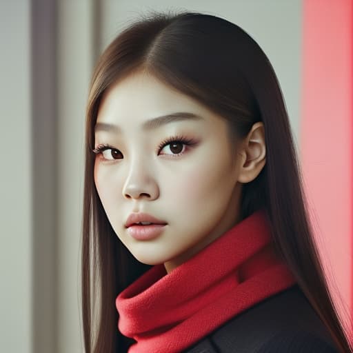  (--Style Photoralism, Jennie Kim) a close up of a woman with a red scarf on, blackpink jennie, popular south korean makeup, portrait of female korean idol, popular korean makeup, beautiful south korean woman, harpers bazaar, harper's bazaar, beautiful oriental woman, korean face features, dior campaign, korean audrey hepburn, vogue journal cover, inspired by Zhang Shuqi, detailed face of a asian girl