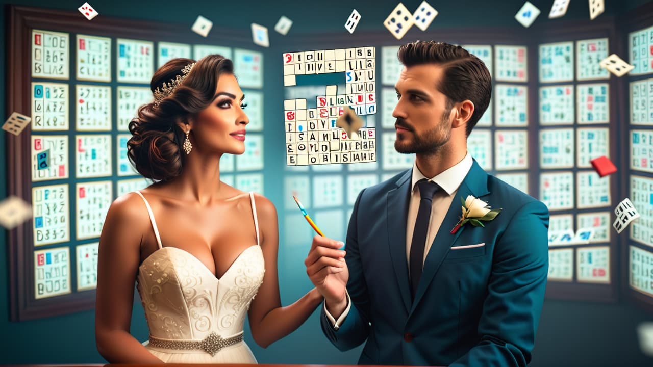  a wedding scene with a large crossword puzzle backdrop, a groom with a thoughtful expression, and a bride playfully holding a pencil, surrounded by whimsical puzzle pieces floating in the air. hyperrealistic, full body, detailed clothing, highly detailed, cinematic lighting, stunningly beautiful, intricate, sharp focus, f/1. 8, 85mm, (centered image composition), (professionally color graded), ((bright soft diffused light)), volumetric fog, trending on instagram, trending on tumblr, HDR 4K, 8K