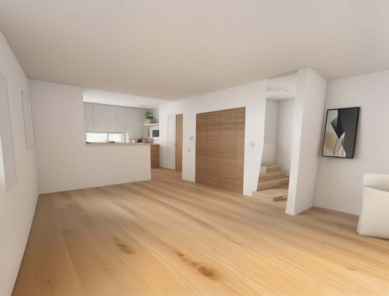  produce a photorealistic rendering of a minimalist living room with a wooden floor. the space should feature a simple, modern sofa as the focal point, with clean lines and neutral colors that complement the natural wood grain of the flooring.