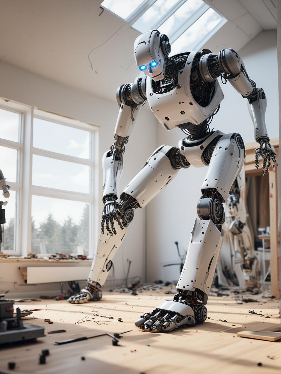  realistic looking robots working to frame a house one of the robots accidentally nails his foot to the floor