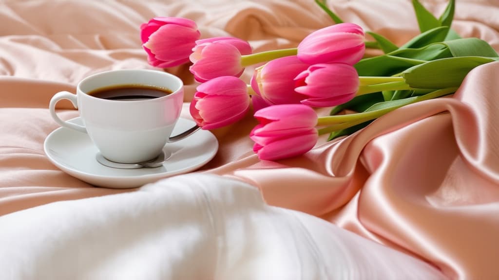  a cup of coffee and some pink tulips on a bed, romanticism, flowing salmon colored silk, pastel pink skin tone, beige, bed is not made, covered with blanket, with a white ar 16:9 {prompt}, maximum details