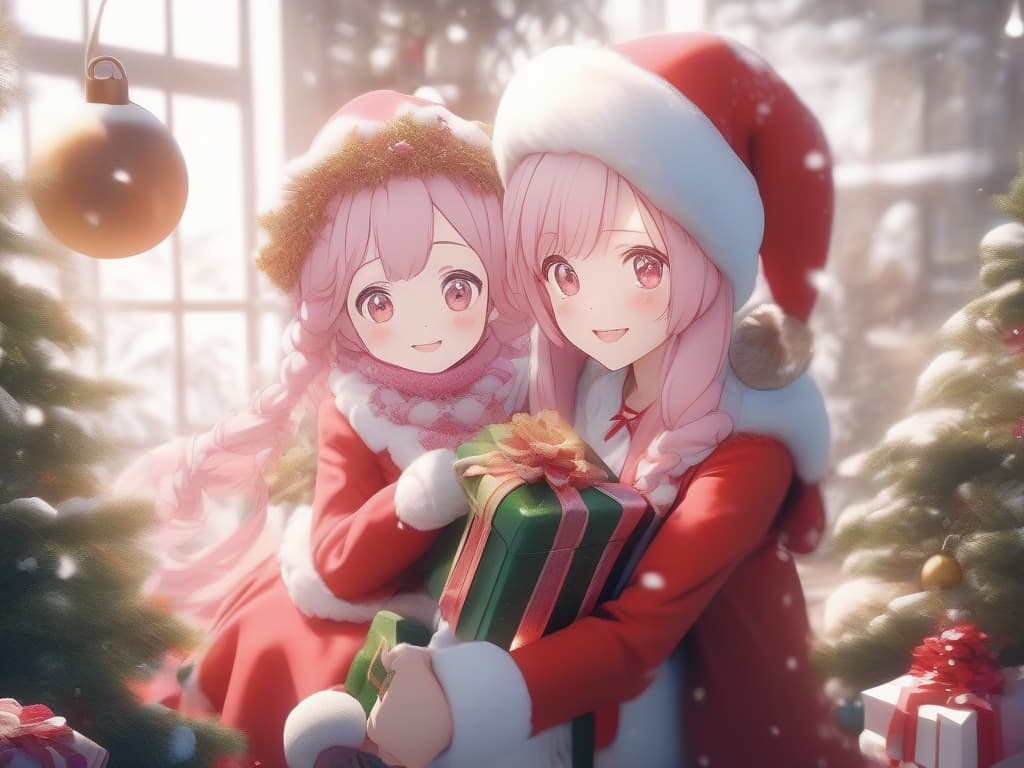  girls, christmas, gentle, pink hair, santa cosplay, snow, masterpiece, best quality,8k,ultra detailed,high resolution,an extremely delicate and beautiful,hyper detail