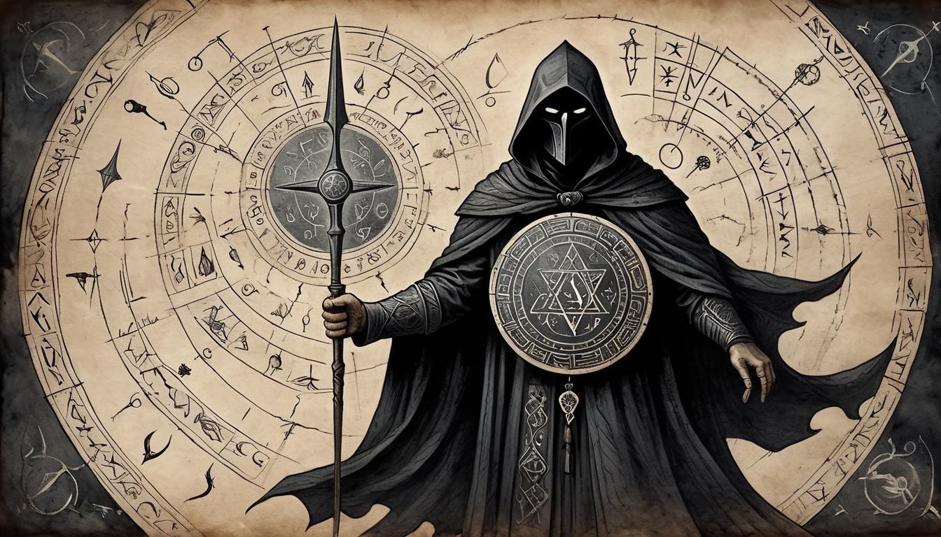  on parchment, surrealism+++, a dark shield with intricate obsidian patterns, held by a cloaked guardian figure, aura of mystical protection, glowing runes, ancient symbols, guarded, protective, enigmatic(mysterious, provocative, symbolic,muted color)+++