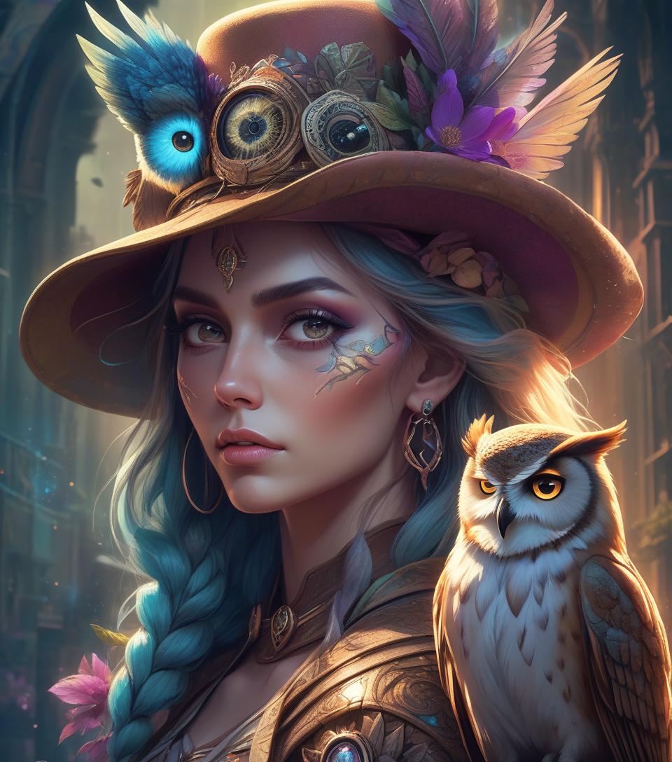  a close up of a woman with a hat and owl, beautiful fantasy art portrait, beautiful fantasy portrait, very beautiful fantasy art, digital art fantasy art, beautiful fantasy art, cyberpunk angry gorgeous druid, colorfull digital fantasy art, digital art fantasy, digital fantasy art ), with an owl on her shoulder, psytrance artwork, amazing fantasy art, highly detailed fantasy art