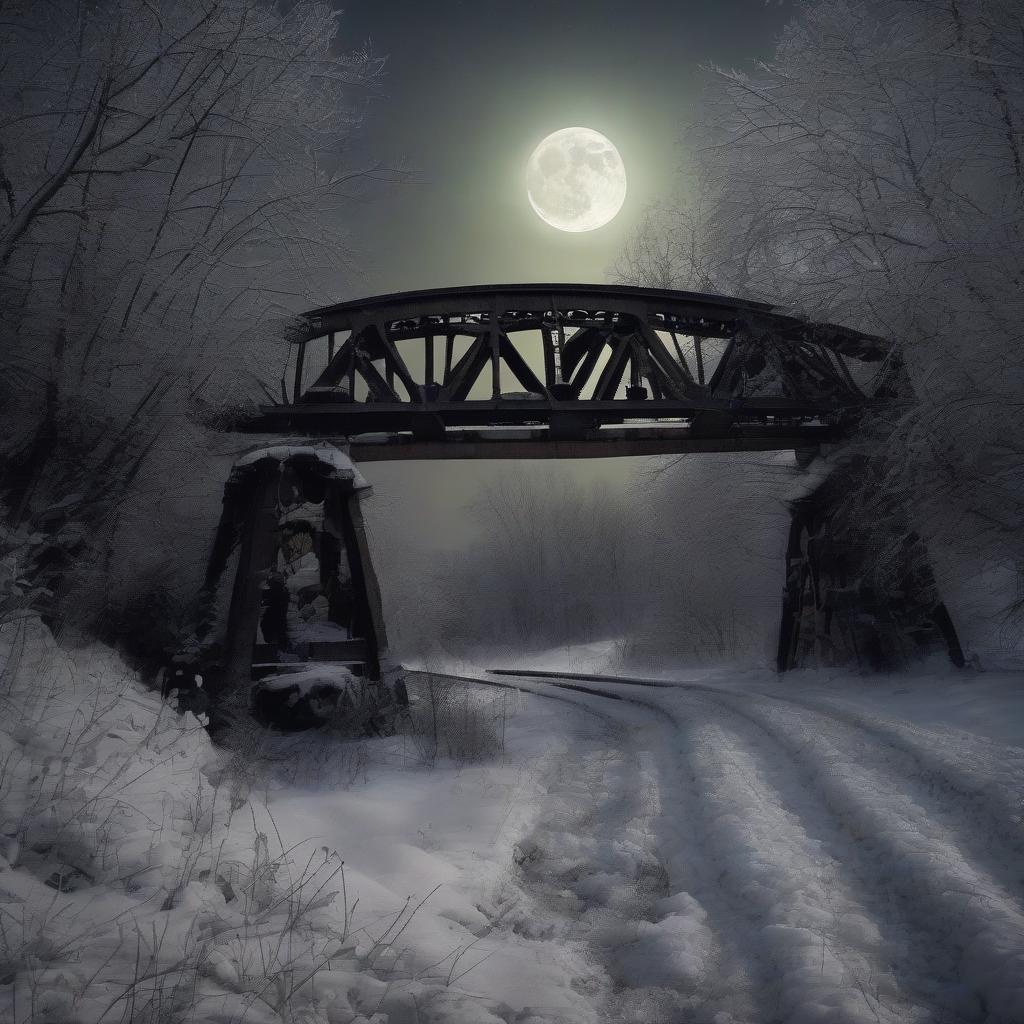  night. an ancient iron railroad bridge illuminated by an eerie moonlight.