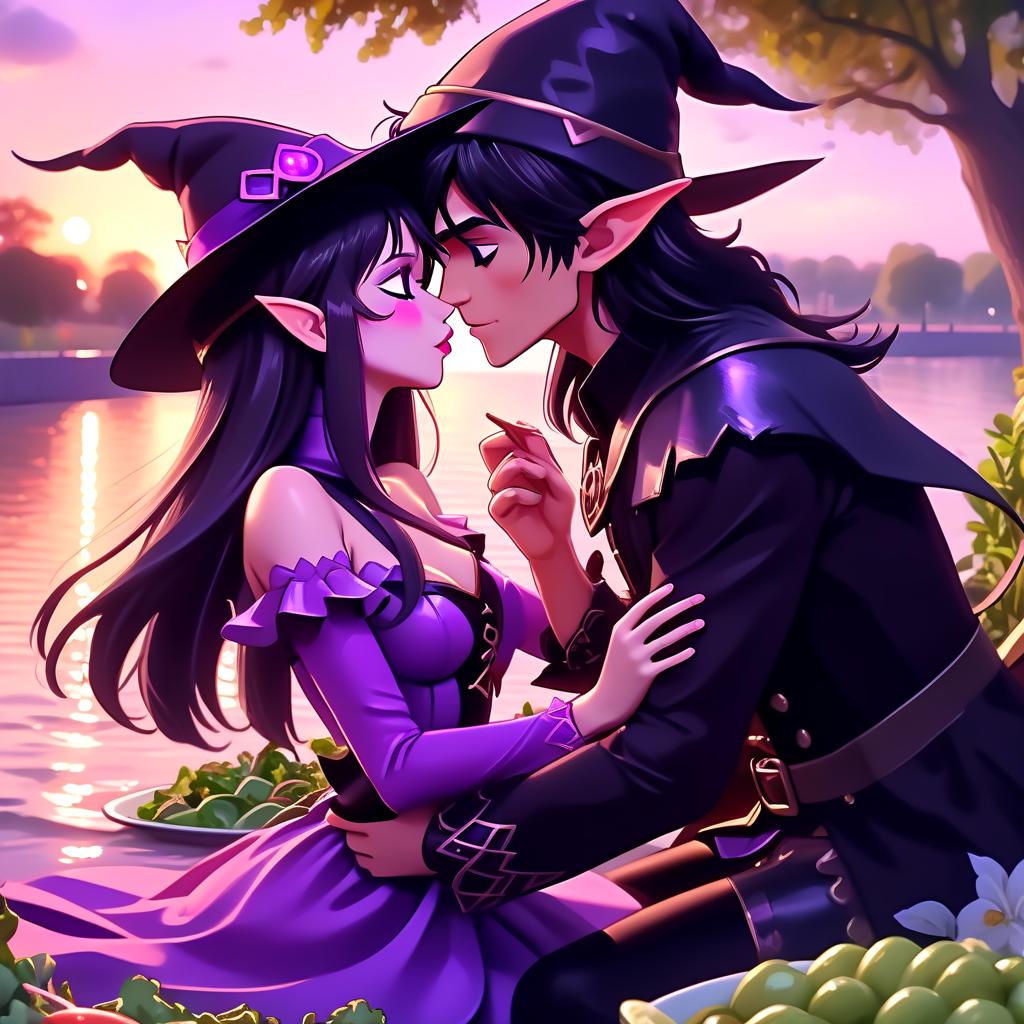  4k, young magic witch. in a purple dress and black hat, kisses a magical beautiful elf, in a salad outfit with dark hair, at sunset by the river, anime, lovers