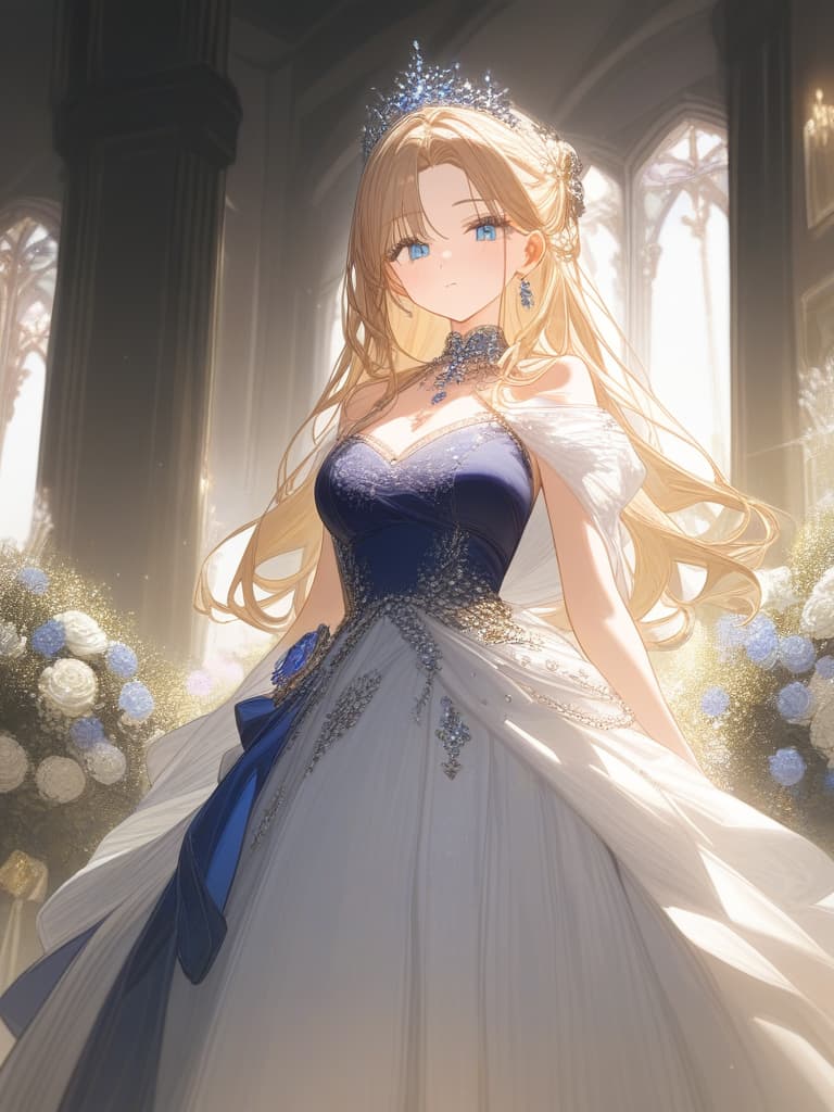  cute girls, jewels, beautiful, long hair, no bangs, beautiful dresses, beautiful dresses, royal, princess, british royal family, dignity, red, dark blue and golden dresses, crowns, light blue eyes, masterpiece, best quality,8k,ultra detailed,high resolution,an extremely delicate and beautiful,hyper detail