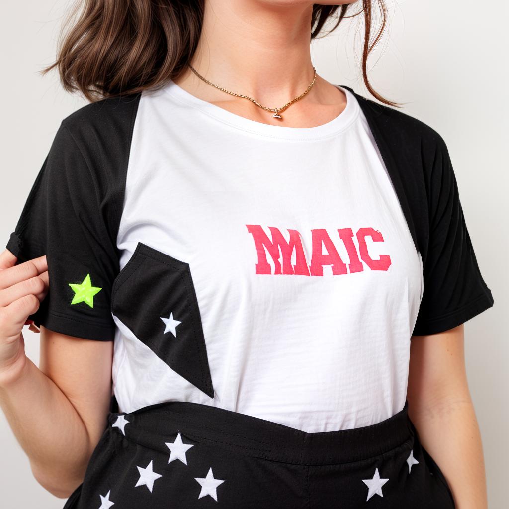  A shirt that is black with star and a bold word that says white out, (magic neon:1.25)