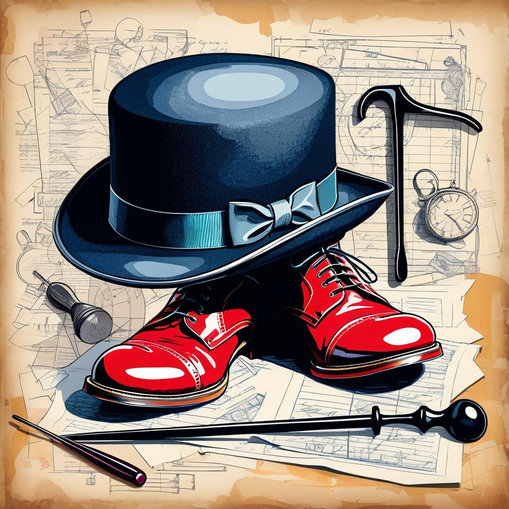  collage style an unfinished sketch. charlie chaplin's clown shoes, a bowler hat and a cane are on the table. illustration in the style of peter sokolov . mixed media, layered, textural, detailed, artistic