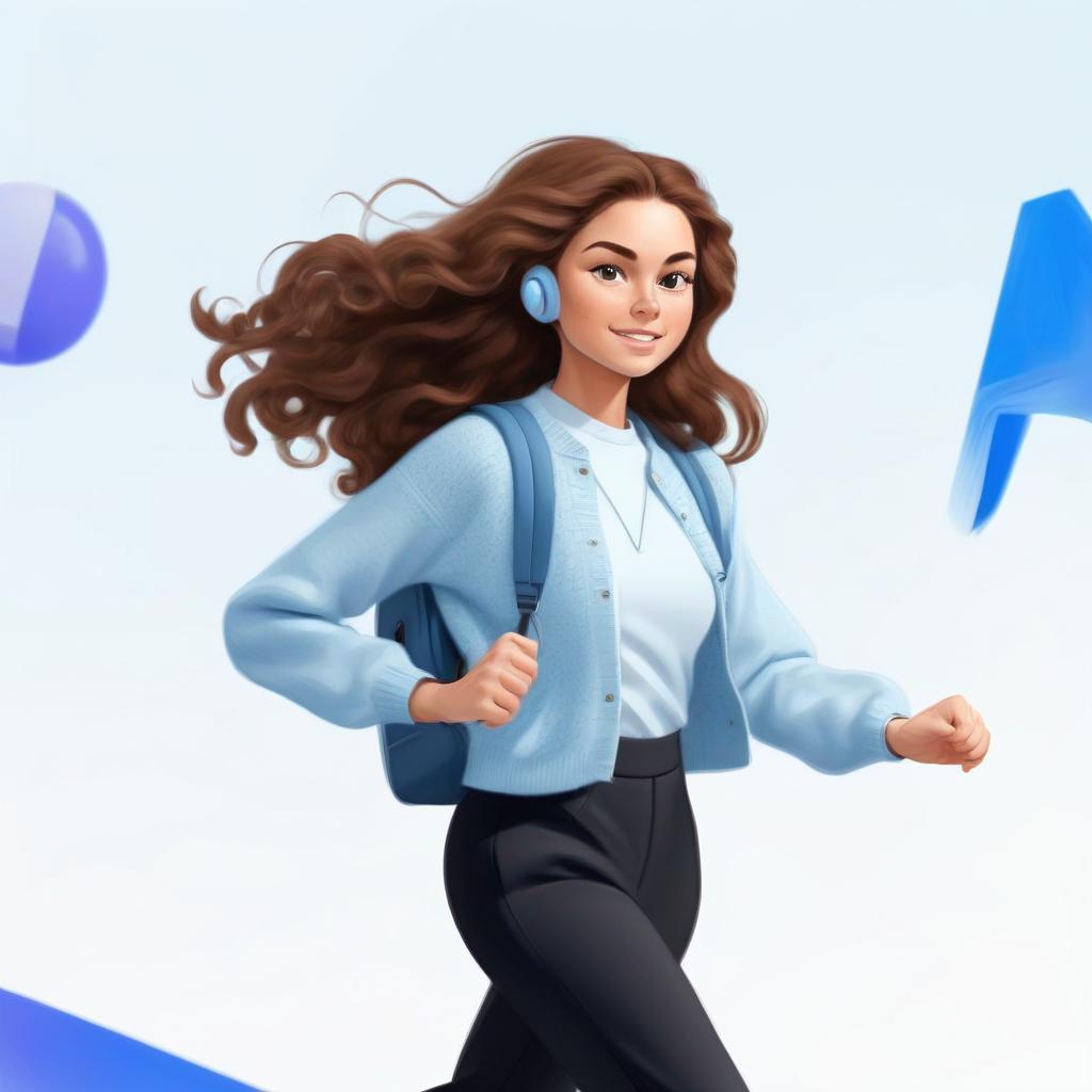  corporate branding style a young woman with long brown curly hair wearing a light blue sweater, black flared pants and backpack, running . professional, clean, modern, sleek, minimalist, business oriented, highly detailed