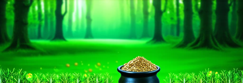  professional detailed photography, st. patrick's day banner, pot of gold on a green forest background, fairy magic, rainbow, free space for text ar 3:1, (muted colors, dim colors, soothing tones), (vsco:0.3)