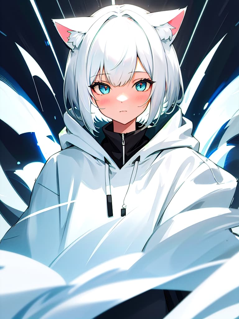  short hair, girls, white hair, cat ears, white hoodies, whole body, masterpiece, best quality,8k,ultra detailed,high resolution,an extremely delicate and beautiful,hyper detail