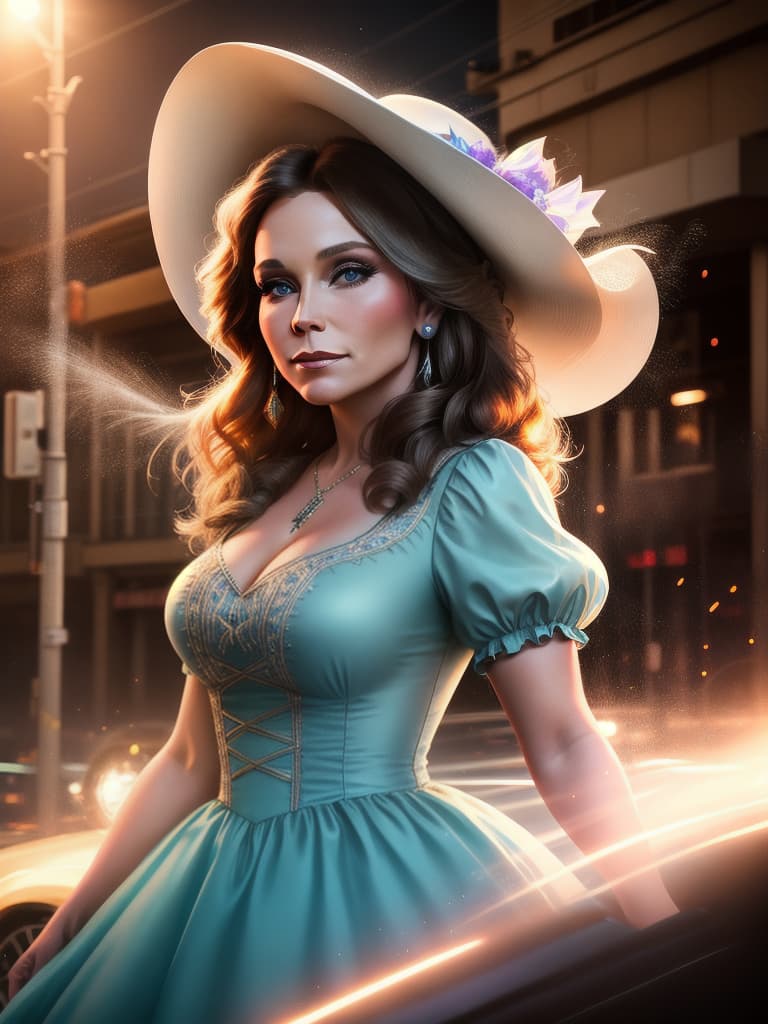  The young country singer Loretta Lynn, medium shot, upper body, spotlight, long exposure lighting, street art style spray paint, glamour lighting