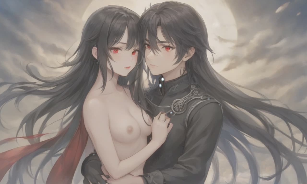  breathtaking realistic photo, two people, a character from the novel “system save yourself for the main hero”, lo binghe, a young man in black. long black hair to the waist, red eyes, demonic mark on the forehead, next to him a girl is blonde, blonde hair to the shoulder blades, european face type, light skin, blue eyes, plump lips, small tummy at the bottom at the waist naked . award winning, professional, highly detailed, hkmagic