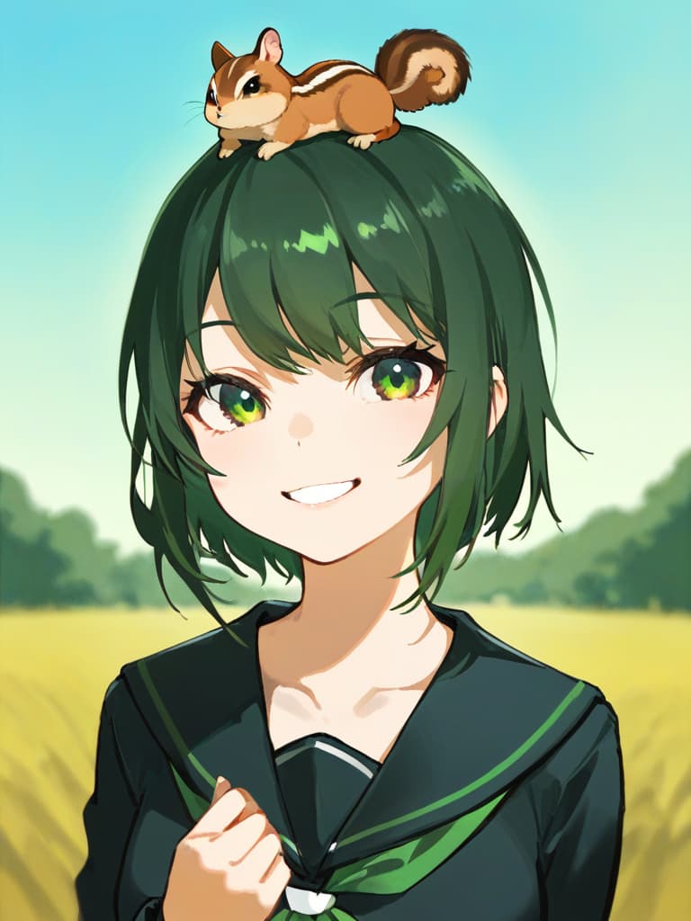  1girl,18yo,(((black high school uniform:1.5))),green hair, (((green graduated haircut hair:1.5))),(((very smile:1.3))),chipmunk,(((chipmunk on head:1.8)))