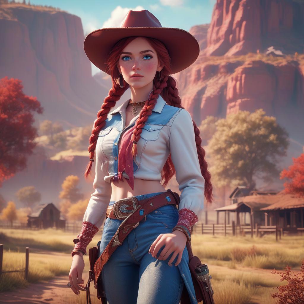  retro game art hd 4k 3d professional modeling photo hyper realistic beautiful enchanting cowgirl woman dark red hair braids fair skin freckles blue eyes gorgeous face cowgirl outfit magical western country landscape hd background ethereal mystical mysterious beauty full body . 16 bit, vibrant colors, pixelated, nostalgic, charming, fun