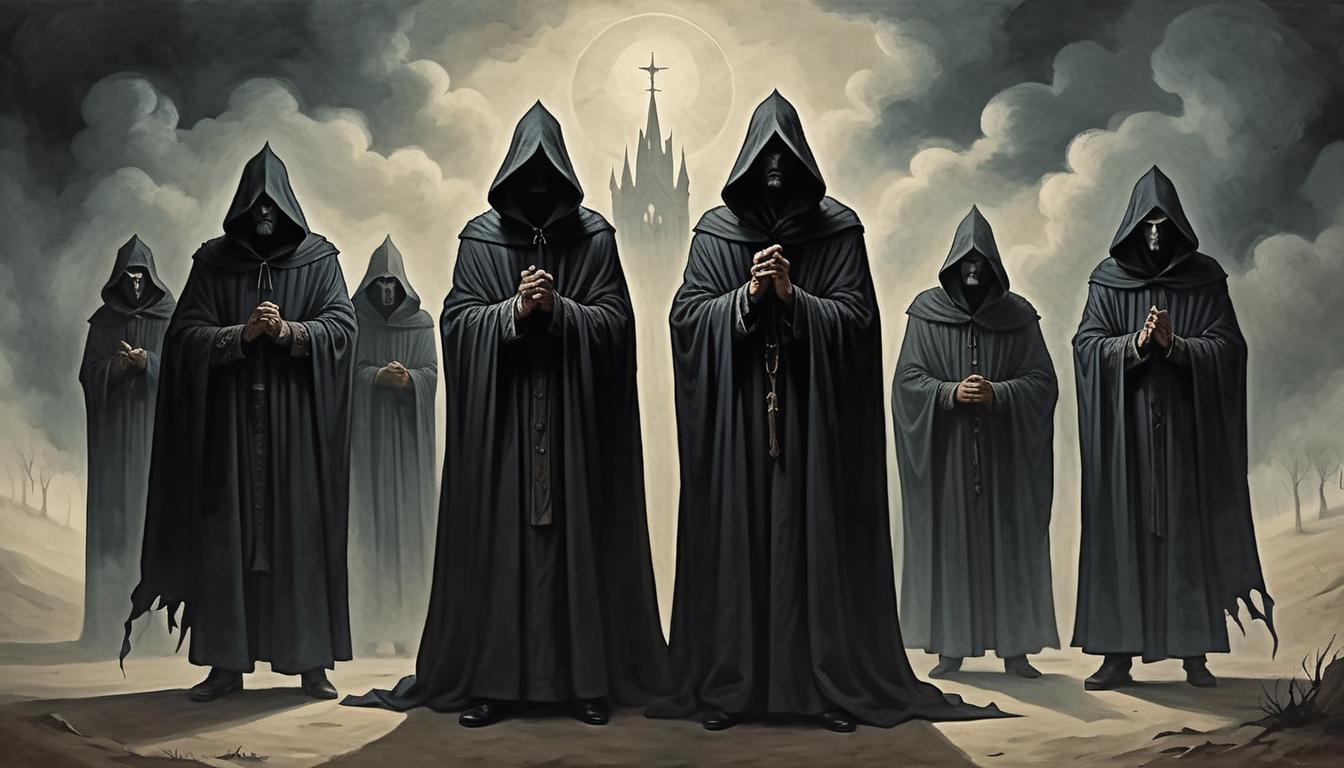  on parchment, surrealism+++, a group of cloaked figures, faces obscured, standing under a darkened sky, clasping hands with shadows, sinister, powerful aura surrounding lies(mysterious, provocative, symbolic,muted color)+++