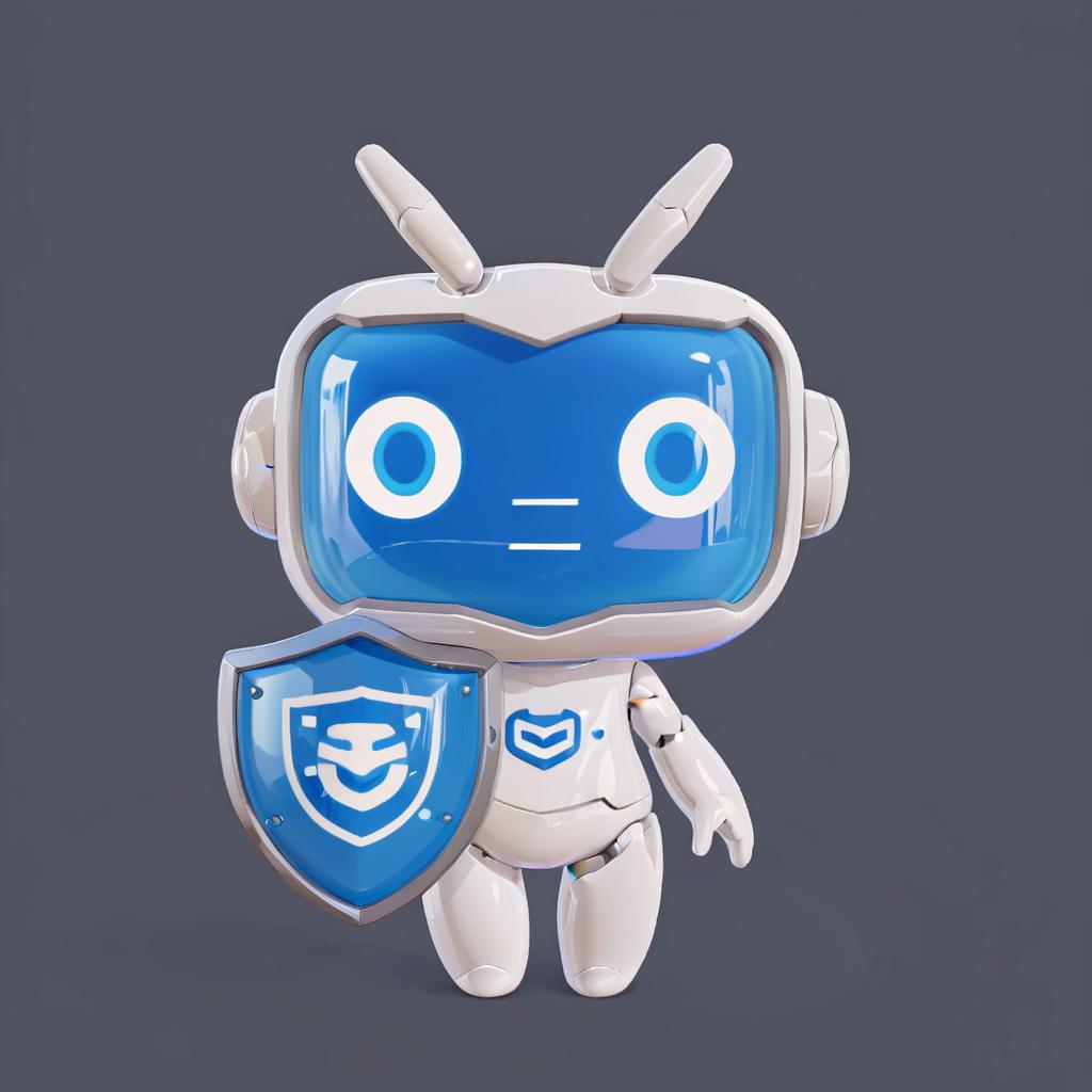  a white cute robot with blue face take a blue shield,a clean and crisp anime illustration with bold outlines, smooth shading,cell shaded, crisp ,flat colors, and a minimalistic background.