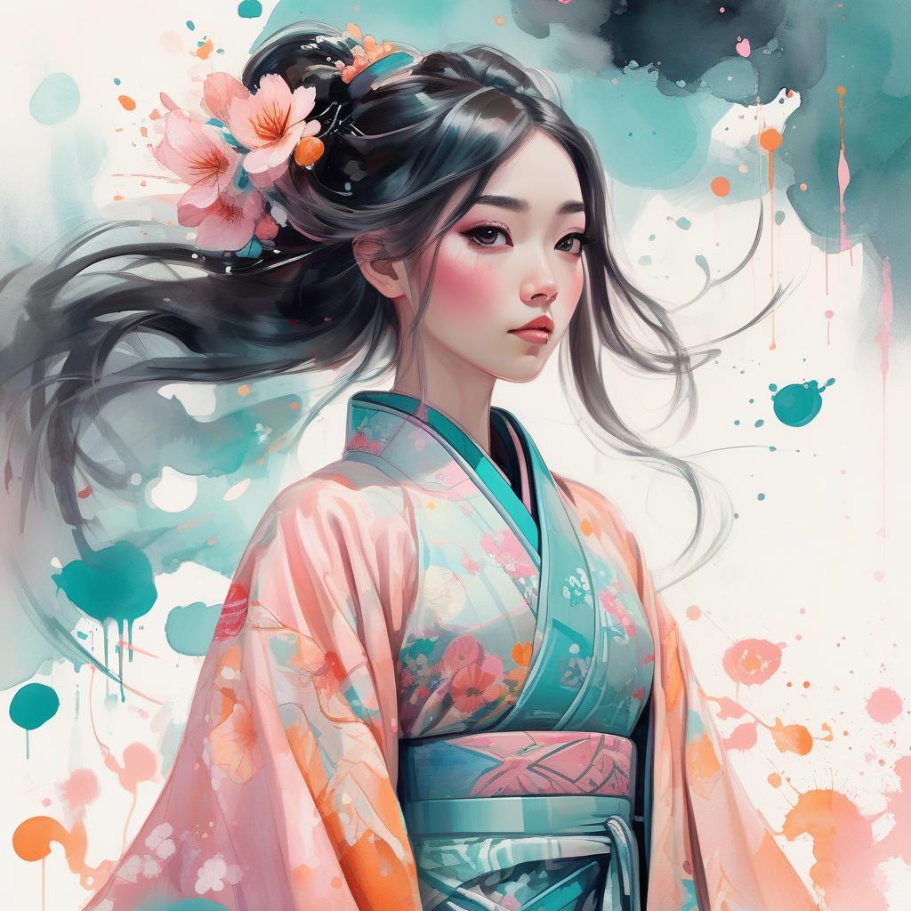  concept art an asian woman wearing an intricate kimono, digital watercolor painting, paint splatter, long hair, bold brush strokes, pale skin, bright colors on white background, pink peach orange teal black color palette, symmetrical, bold eyeshadow, adorable, cute, pixar style painting, art nouveau . digital artwork, illustrative, painterly, matte painting, highly detailed