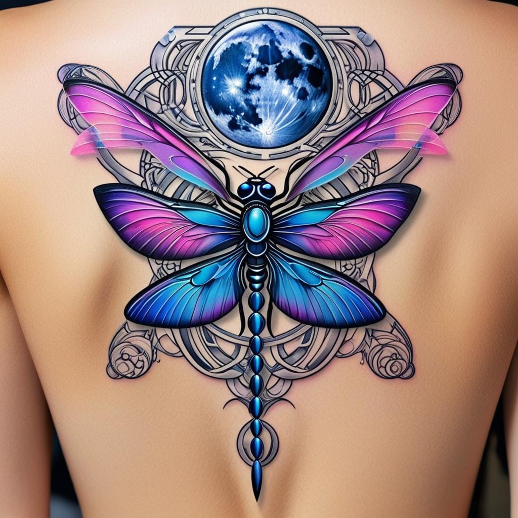  a cybernetic dragonfly with two separate crescent moons. use the colors blue, purple, and pink.,(tattoo), (tattoo design on the back of human body)