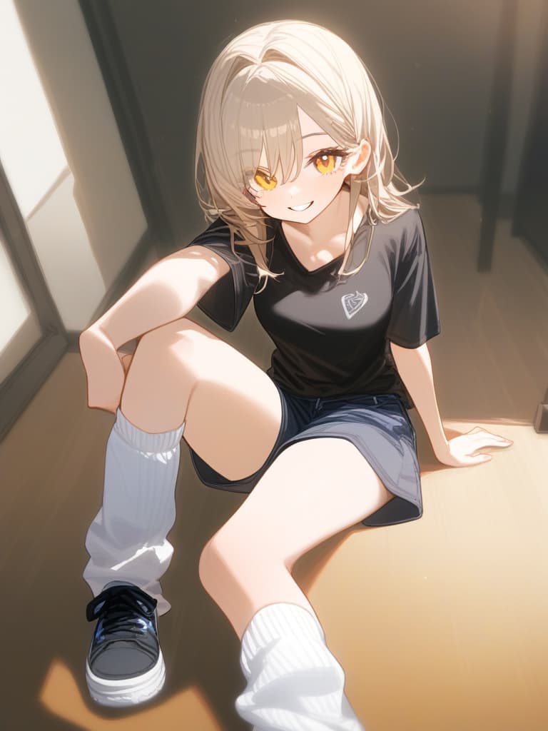  (white loose socks: 1.3), selfie shot, smile, silverbeige hair, yellow eyes, black t shirt, shorts, best quality, masterpiece, (from front: 1.2),