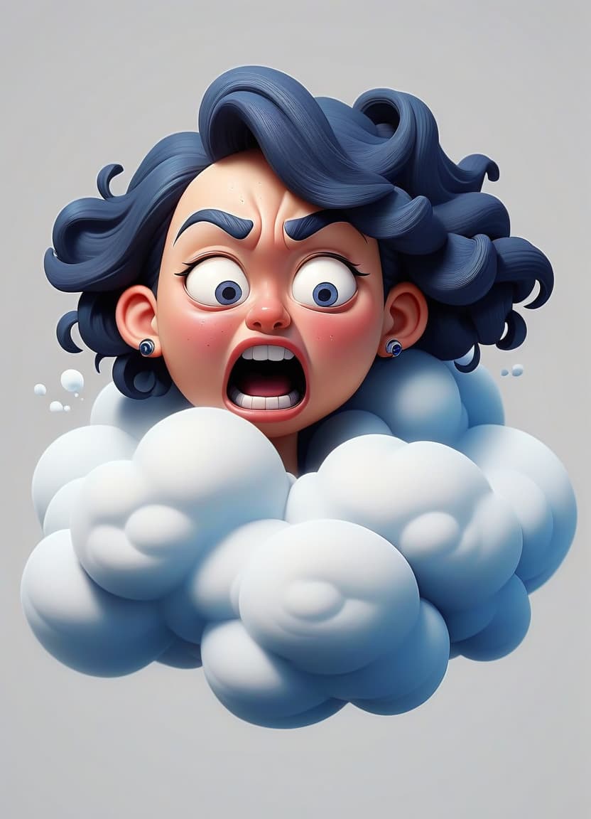  cartoon cloud blows. the color of the cloud is dark blue. malenmrbq with a mouth ring. my cheeks are swollen. white background.