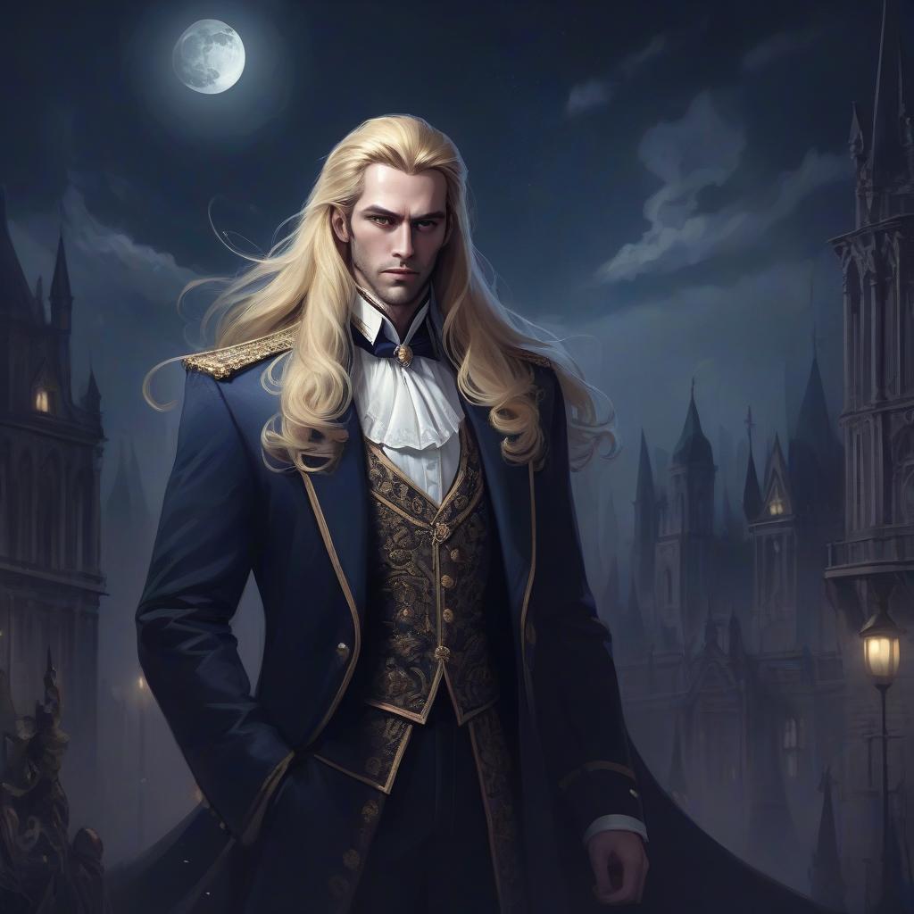  concept art aristocrat man, dark fantasy art, long blonde hair, grace, majesty, night and moon . digital artwork, illustrative, painterly, matte painting, highly detailed