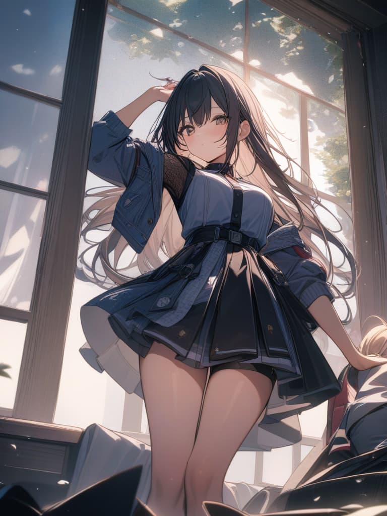  a japanese woman with a big that is so cute, the uniform is so big, a young japanese woman with a big that seems to be cute, the flipped by the wind., masterpiece, best quality,8k,ultra detailed,high resolution,an extremely delicate and beautiful,hyper detail