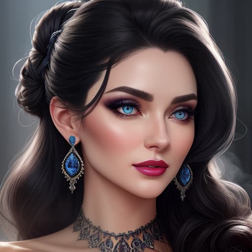  detailed realistic portrait of a woman with fair skin and striking facial features. her voluminous dark brown hair is styled in an elegant updo with intricate ringlets, curls and loose waves that frame her face. her hair is pulled high into an elegant bun on top of her head, with soft curls cascading over her forehead and around her ears. her large, bright gray blue eyes are highlighted by dark, smoky makeup that includes thick, well defined brows, dramatic black eyeliner, mascara and some eye shadow. the iris is a bright blue gray color with a bright reflection in the . her lips are full and slightly parted, colored a natural lilac with a matte finish. ornate chandelier earrings, adorned with small stones and dangles. the woman's faci hyperrealistic, full body, detailed clothing, highly detailed, cinematic lighting, stunningly beautiful, intricate, sharp focus, f/1. 8, 85mm, (centered image composition), (professionally color graded), ((bright soft diffused light)), volumetric fog, trending on instagram, trending on tumblr, HDR 4K, 8K