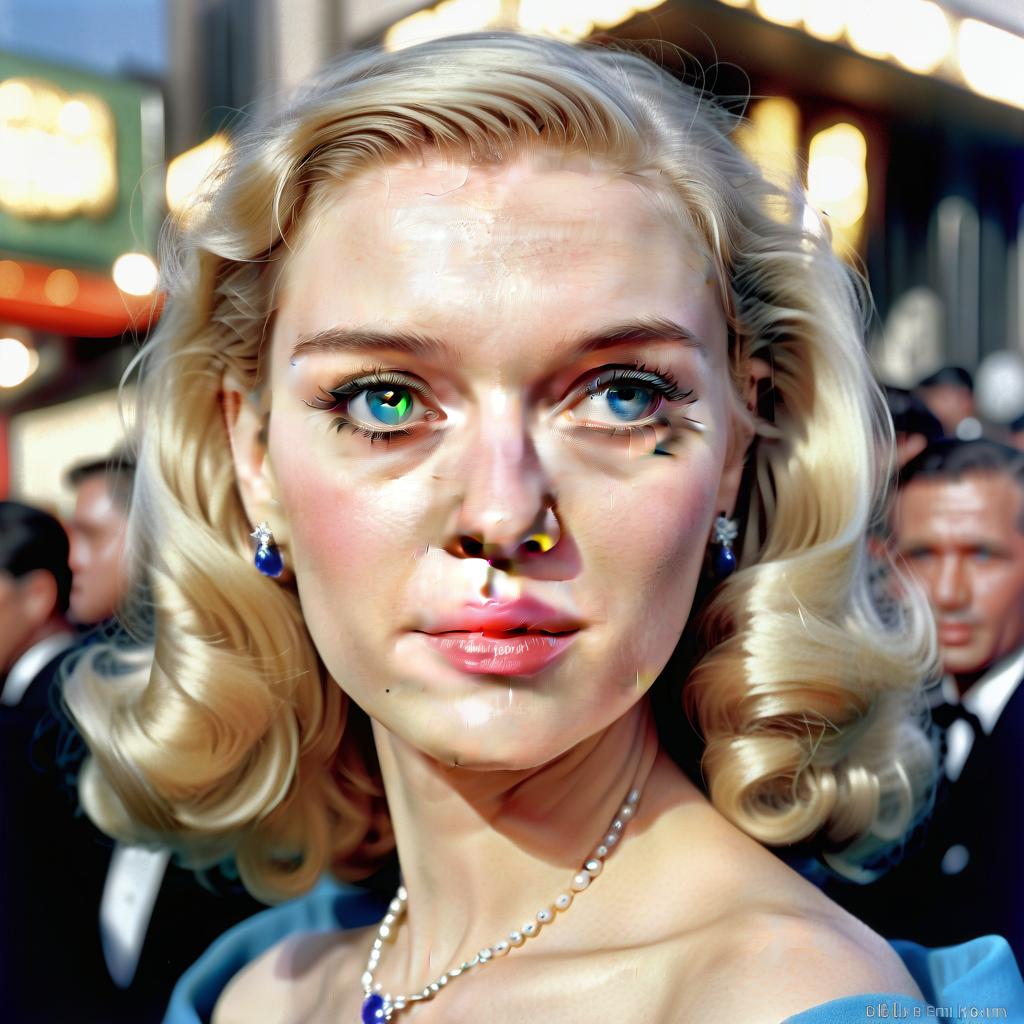  blonde, with blue eyes, famous actress at the premiere in hollywood, 1950, in full growth, film photography style