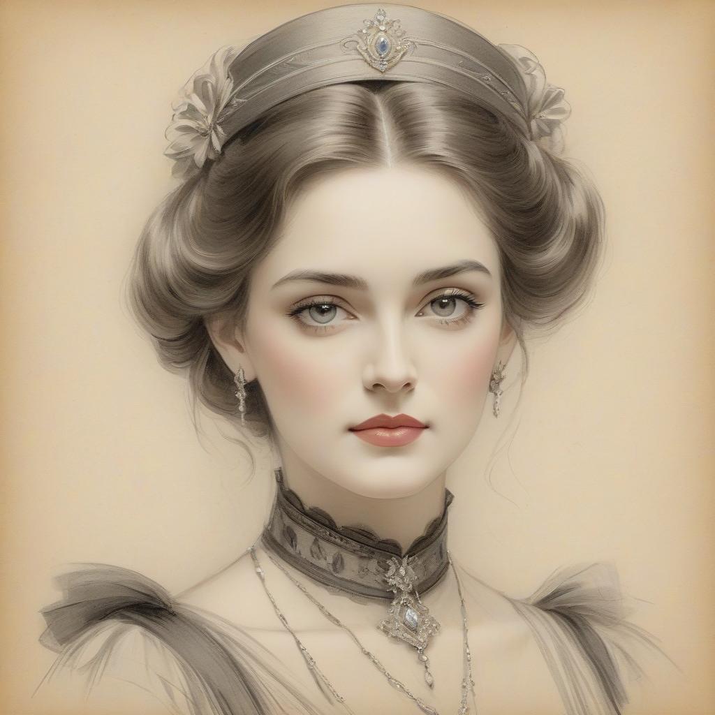  minimalist style portrait of a beautiful 19th century russian countess woman, harrison fisher, crayon drawing, black pencil on textured antique paper, intricate details . simple, clean, uncluttered, modern, elegant