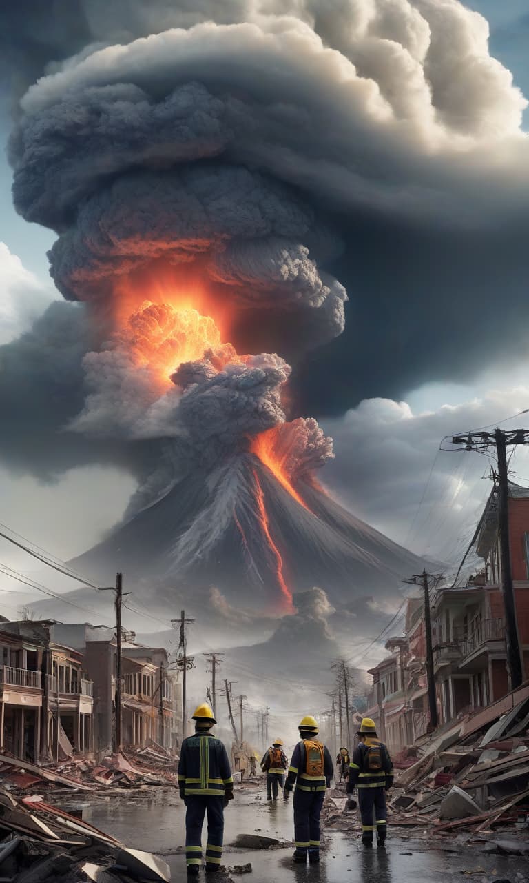  "visualize a coastal city devastated by an earthquake. buildings are in ruins, streets are fractured, and a giant tsunami wave is forming on the horizon. a volcano erupts in the distance, and the sky is filled with storm clouds. show rescue workers aiding survivors among the debris."