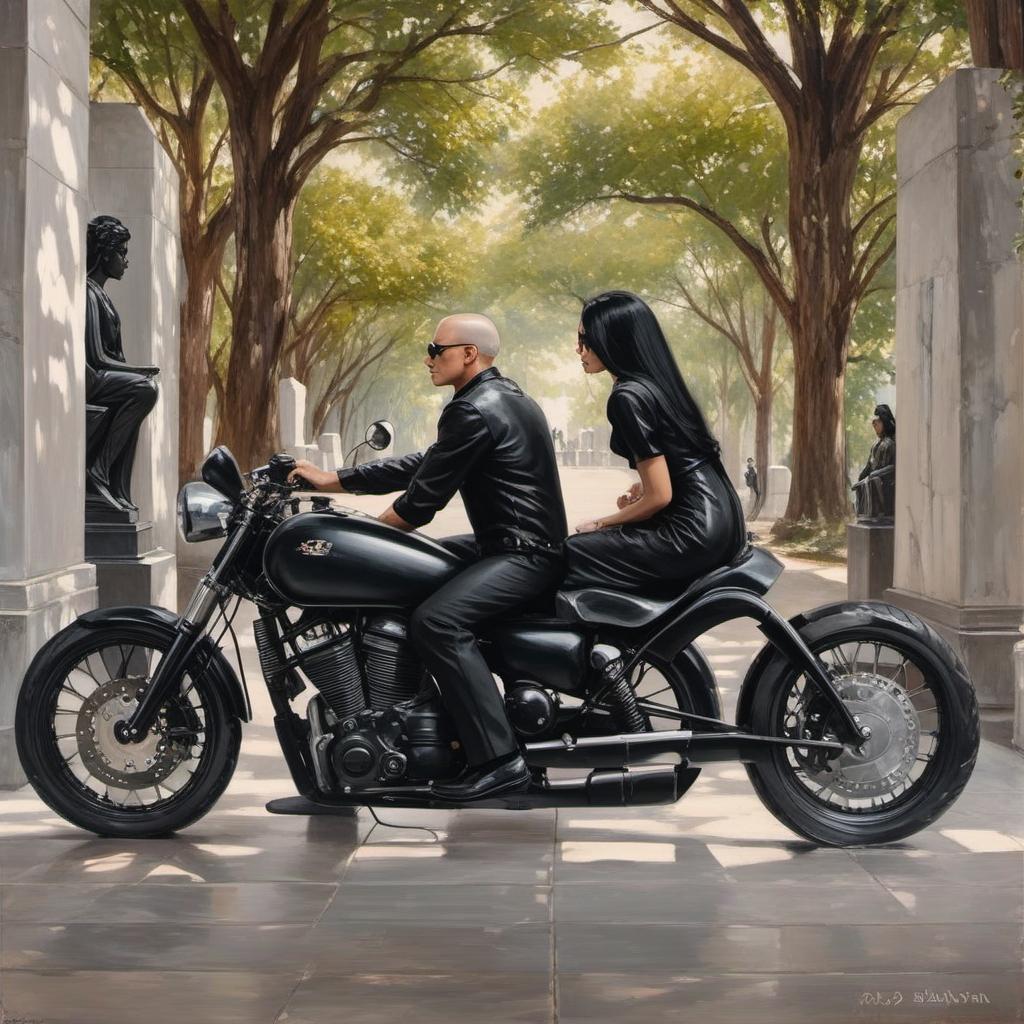  bold, no hair man sitting on a black motorcycle. women with black hair very long, straight,a black dress with statues standing next to him. back view, painting style