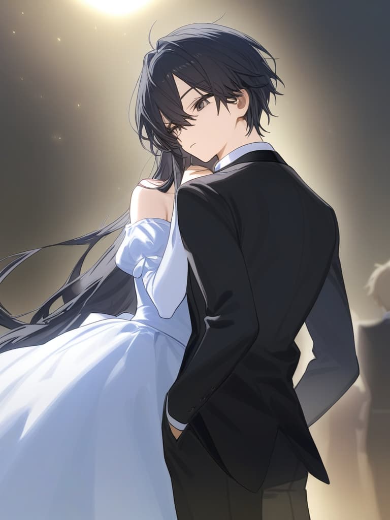  the young lady and the butler(1girl,1boy),boy is black hair and black eyes,girl is black and long hair