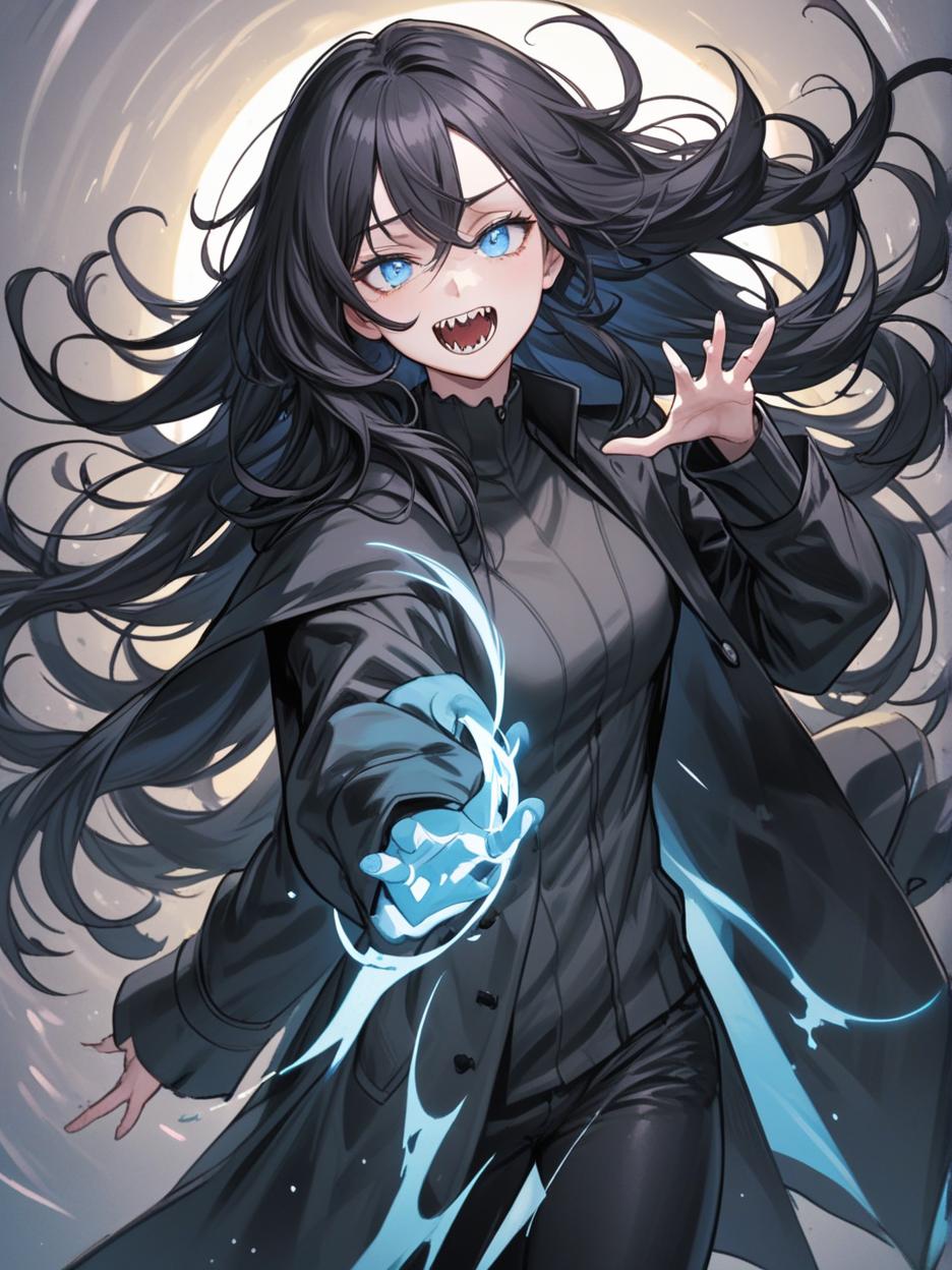  manga artwork anime art. a woman with sharp teeth. light blue eyes. it has long black hair that flows freely, giving it a mysterious and imposing air. he wears a long black coat with wavy edges, which appear to be in constant motion, adding a sense of dynamism to his appearance. the coat is open at the front, revealing a fitted black outfit underneath, which highlights her slender and athletic figure. her pose is confident and slightly dynamic, with one hand extended outwards, as if reaching for something or making a meaningful gesture. the background is a solid yellow, with an aura like circle framing the character's head, enhancing his silhouette and giving him an almost otherworldly look. hyper realistic atmospheres, detail, 8k. manga a